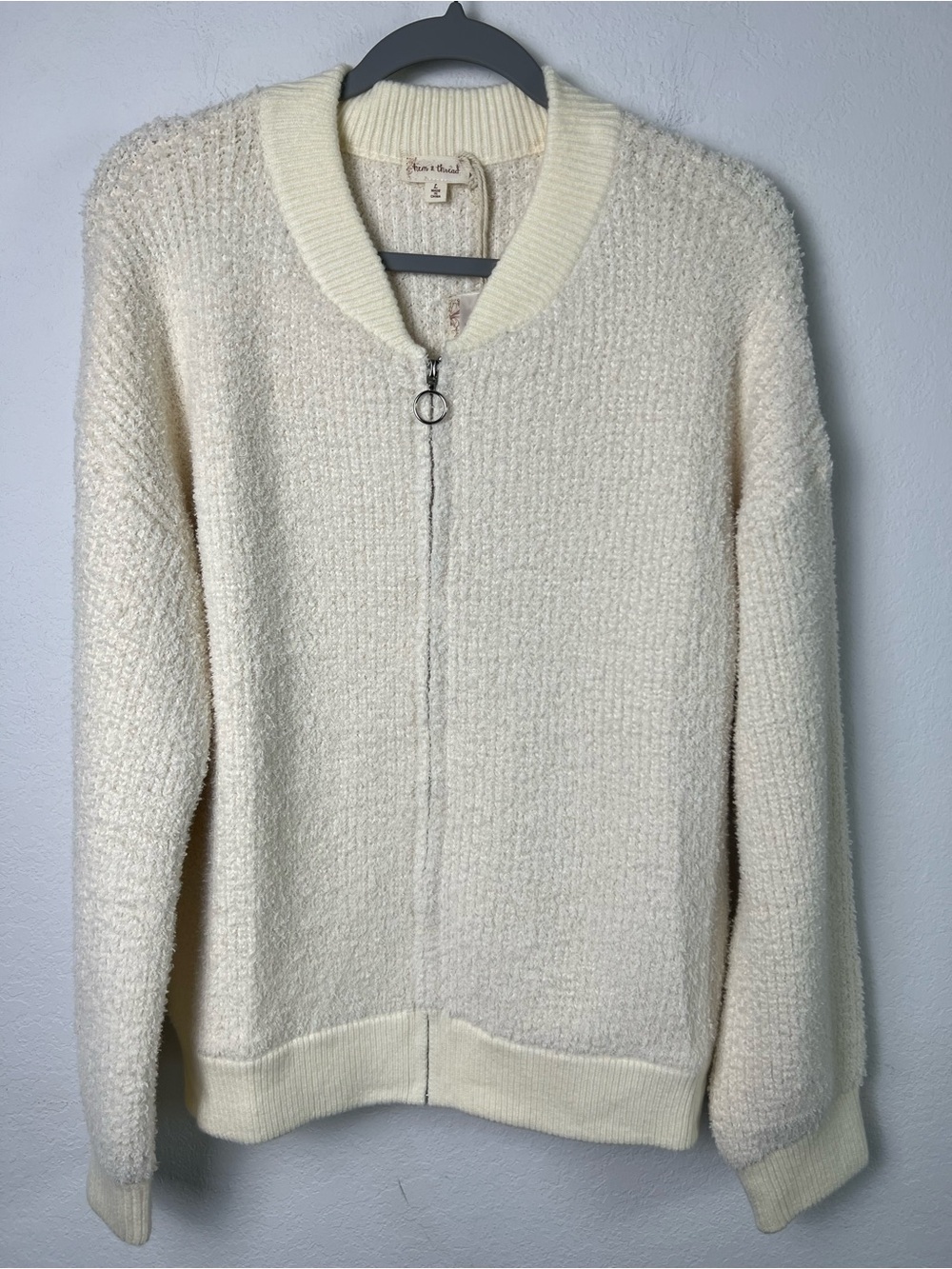 Hem & Thread Cream Bomber Style Zipper Cardigan Fall Travel Office